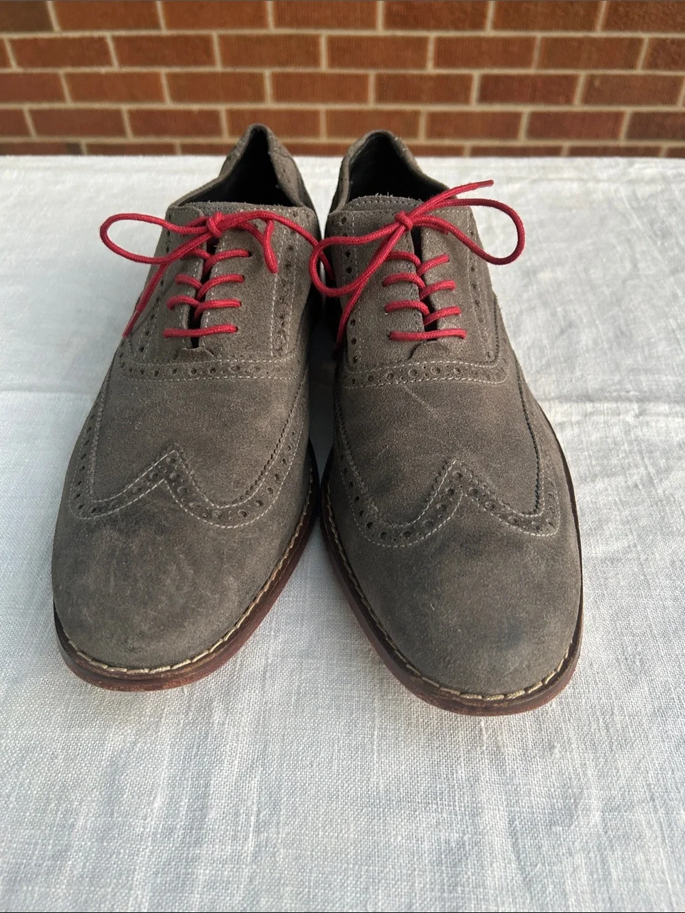 Cole Haan gray Suede Wingtip Oxfords with Red Laces